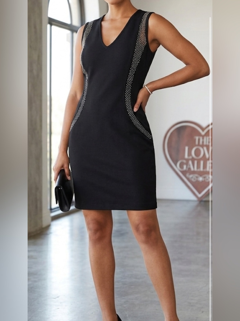 Black Sleeveless V-Neck Dress with Embellished Trim